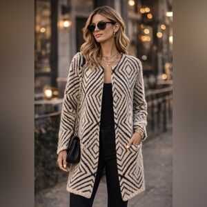 Valerie Stevens Black & Cream Diamond Cardigan | Longline Fuzzy Thick | Medium